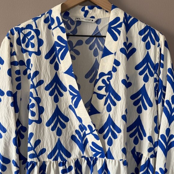 Women's Plus XXL Zara White & Blue Abstract Vine Printed Tiered Mini Dress - Picture 4 of 8